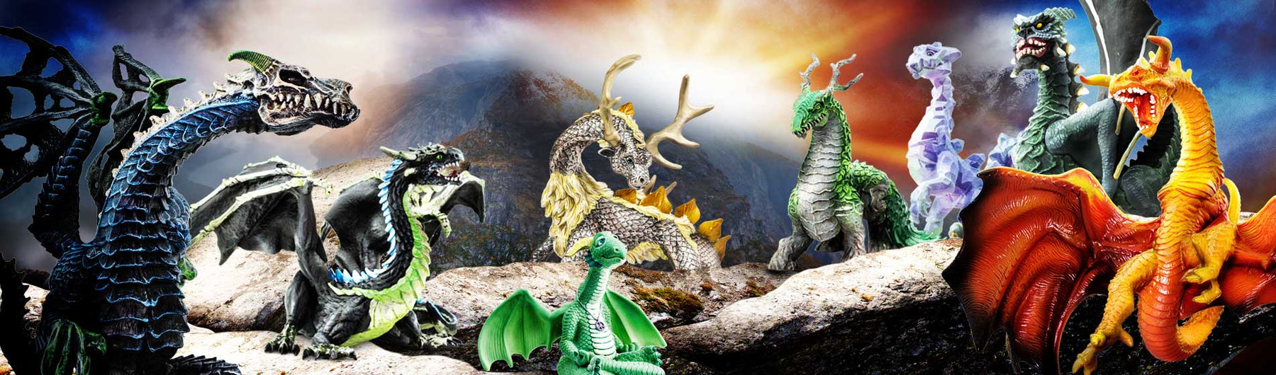 A grouping of Safari Ltd Dragons figurines.