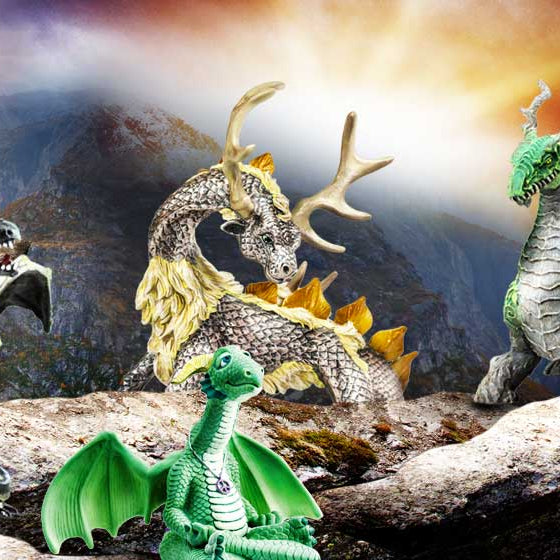 A grouping of Safari Ltd Dragons figurines.